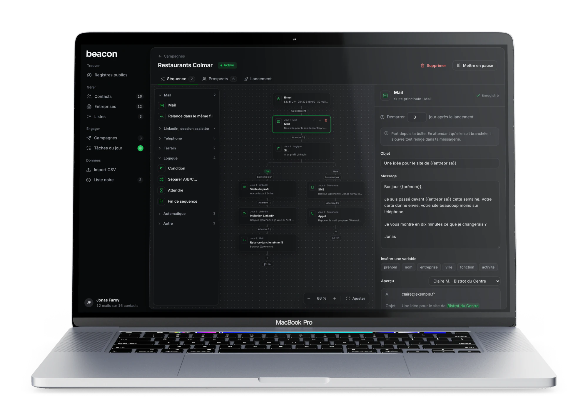 Beacon sur un MacBook Pro : l'éditeur de séquence d'une campagne, avec un mail, une condition et deux branches
