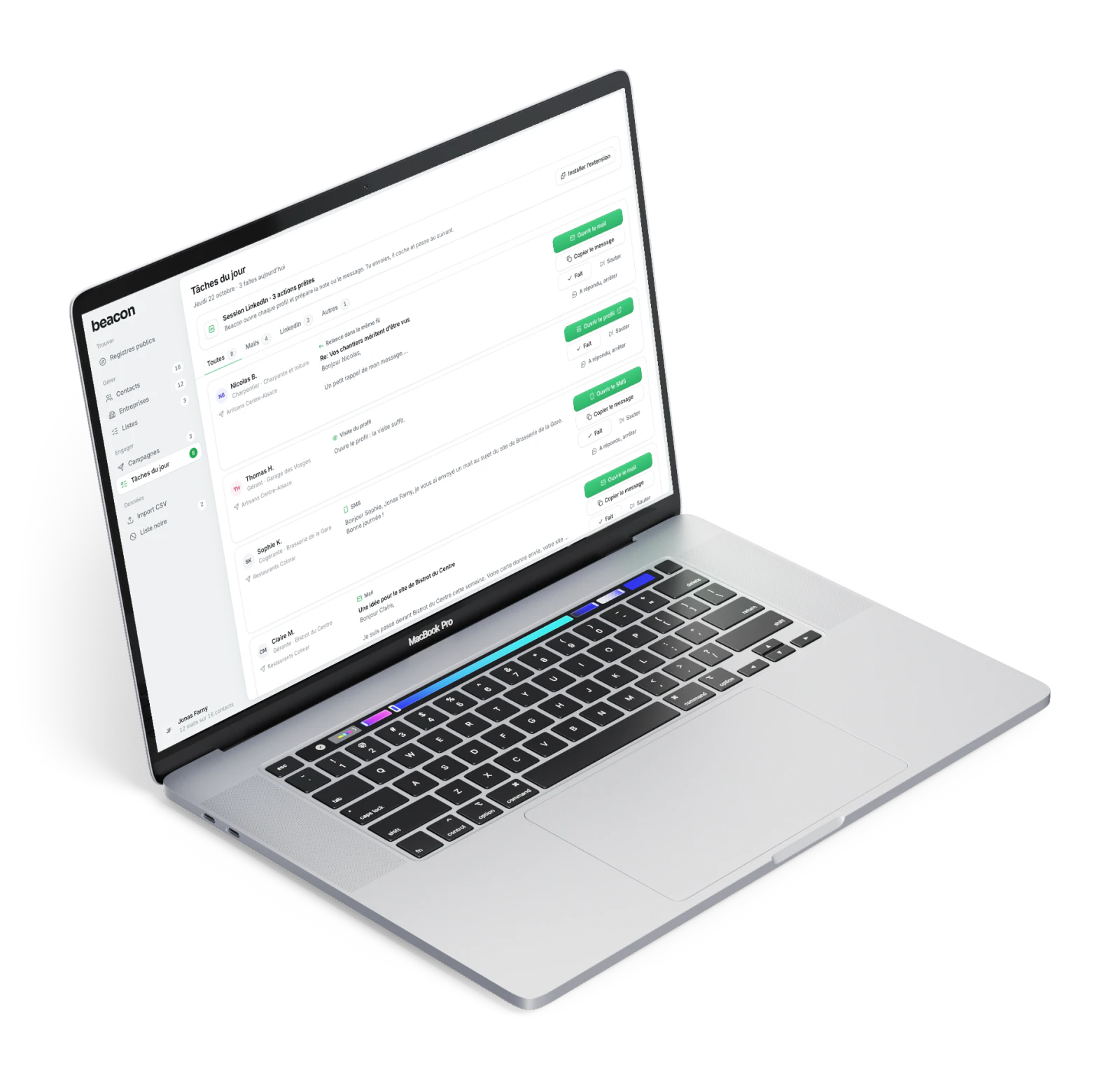 Les tâches du jour en thème clair, sur un MacBook Pro vu de trois quarts